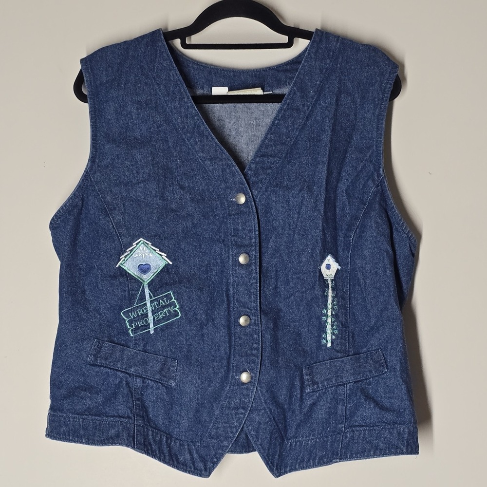 Vtg. Coldwater Creek Boho Embroidered Bird Denim Vest Size XL Cottagecore
